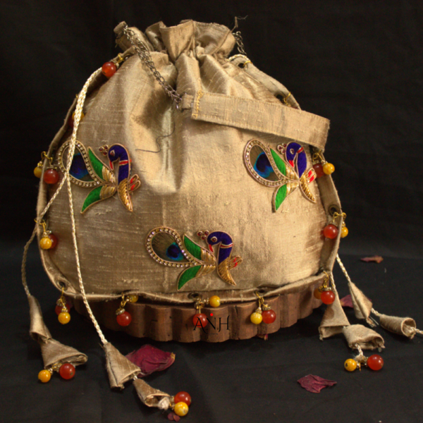 Beige Silk Bucket Bag (Potli)